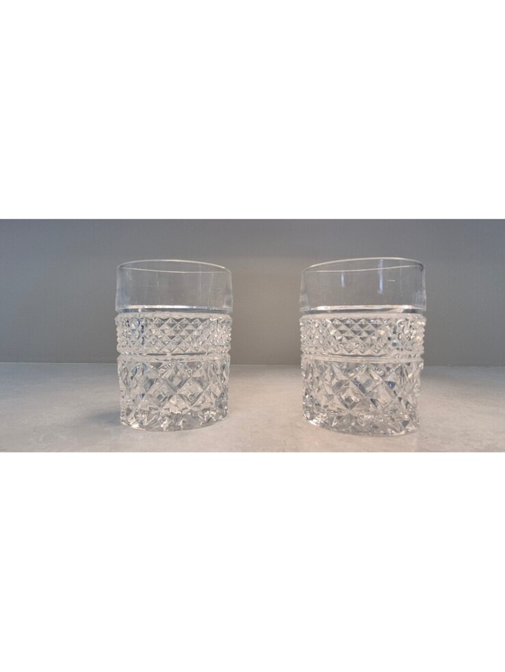 Vintage Cut Crystal Double Old Fashioned Whiskey Glasses Diamond Starburst Pair